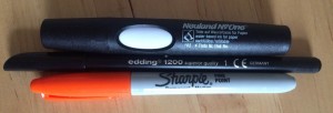 3 pens - Neuland No One Marker #102, orange Sharpie, edding 1200 black felt pen