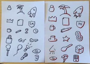 Side by side comparision of sketchnote symbols with shadows vs. Highlights
